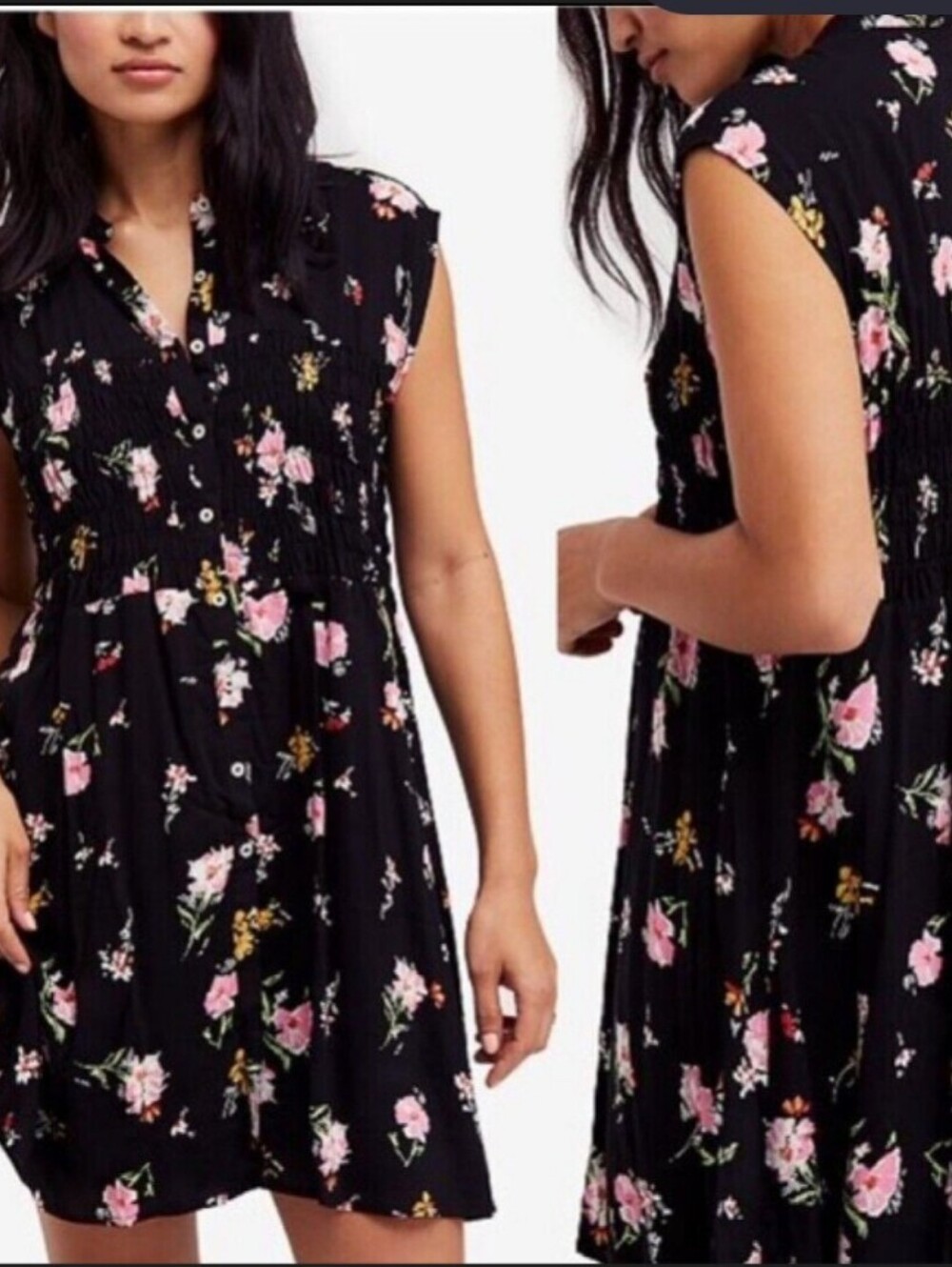 Free People Black Floral Button-Front Women's Dress